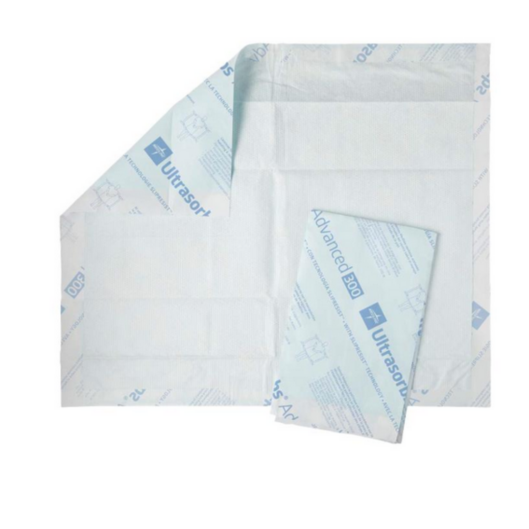 Two Medline Ultrasorbs Advanced Premium Underpads, 30 x 36, one open and one folded. Both offer advanced absorbency for incontinence, with white surfaces and blue/teal Advance 20 and UltrasorBs text.